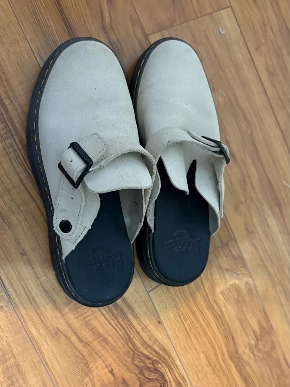 Dr. Martens Cream Suede Clog Mules with Buckle Strap - Picture 4 of 4